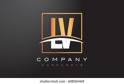 LV L V Golden Letter Logo Design with Swoosh and Rectangle Square Box Vector Design.