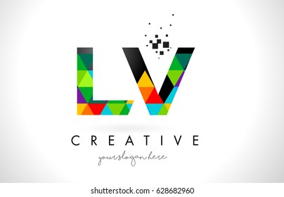 LV L V Letter Logo with Colorful Vivid Triangles Texture Design Vector Illustration.