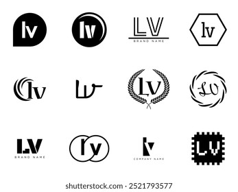 LV logo company template. Letter l and v logotype. Set different classic serif lettering and modern bold text with design elements. Initial font typography. Collection trendy business identity.
