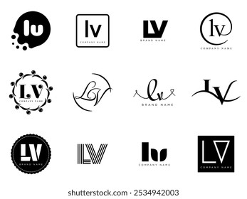 Modelo de empresa do logotipo LV. Letra l e logotipos v. Defina diferentes letras serifas clássicas e texto em negrito moderno com elementos de design. Tipografia inicial da fonte. Coleção de identidade de negócios na moda.