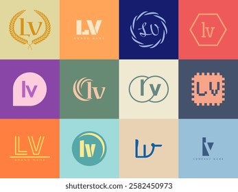 LV logo company template. Letter l and v logotype. Set different classic serif lettering and modern bold text with design elements. Initial font typography. Collection trendy business identity.