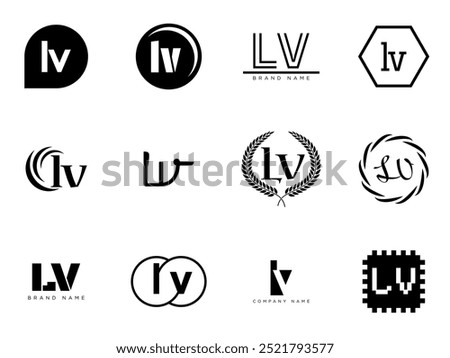 LV logo company template. Letter l and v logotype. Set different classic serif lettering and modern bold text with design elements. Initial font typography. Collection trendy business identity.