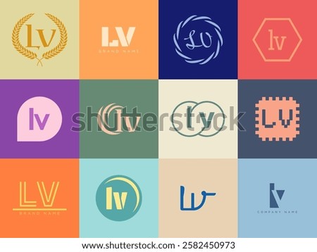 LV logo company template. Letter l and v logotype. Set different classic serif lettering and modern bold text with design elements. Initial font typography. Collection trendy business identity.