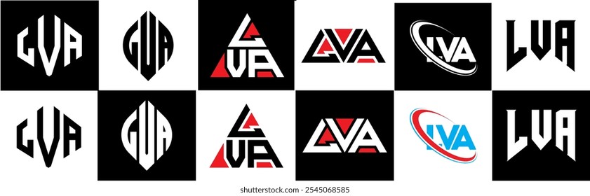 LVA letter logo design in six style. LVA polygon, circle, triangle, hexagon, flat and simple style with black and white color variation letter logo set in one artboard. LVA minimalist and classic logo