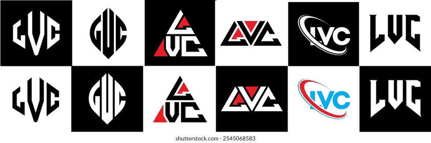 LVC letter logo design in six style. LVC polygon, circle, triangle, hexagon, flat and simple style with black and white color variation letter logo set in one artboard. LVC minimalist and classic logo