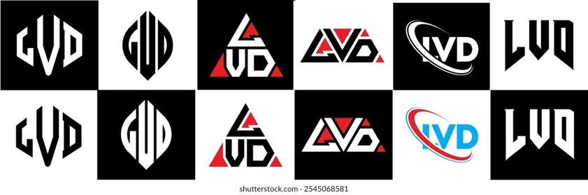 LVD Buchstaben Logo Design in sechs Stil. LVD Polygon, Kreis, Dreieck, Sechseck, flach und schlicht mit schwarz-weißem Farbvariationsbuchstaben Logo in einer Zeichenfläche. LVD minimalistisches und klassisches Logo