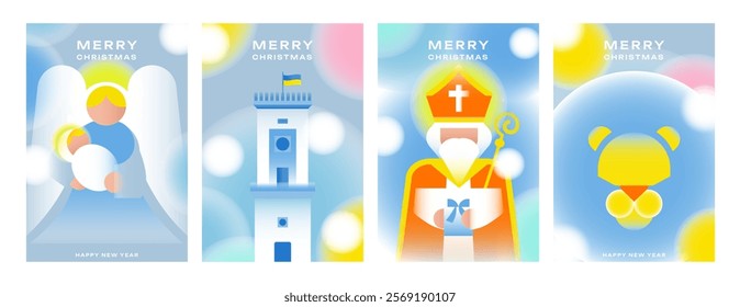 Lviv, 4 Christmas cards in a modern style. An angel with a baby, a city hall with a Ukrainian flag, St. Nicholas and a lion, the symbol of the city. Made in pastel colors, blur effect and gradients.
