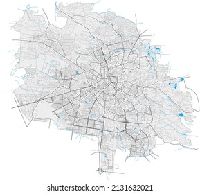 Lviv, Lviv Oblast, Ukraine high resolution vector map with city boundaries and outlined paths. White additional outlines for main roads. Many detailes. Blue shapes and lines for water.