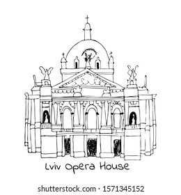Lviv Opera and Ballet Theater hand-drawn sketch. Vector stock illustration. Architecture in doodle style isolated on white.