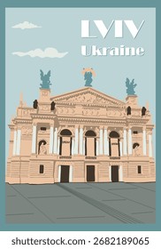 Ilustração da casa de ópera Lviv com arquitetura estilizada e tons pastel macio. Conceito de patrimônio cultural, viagens europeias e turismo histórico