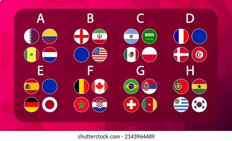 Lviv , UKRAINE - APRIL 08, 2022: FIFA World Cup. World Cup 2022. Groupes table, draw results, Match schedule template. Football results table, flags of world countries. Vector illustration