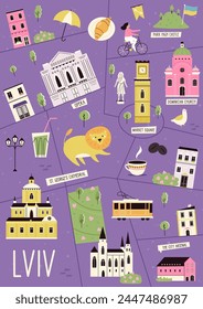 Lviv, Ukraine city map with famous symbols, landmarks, places, beautiful architecture. Hand drawn vector design for posters, books, travel guides, magazines, media