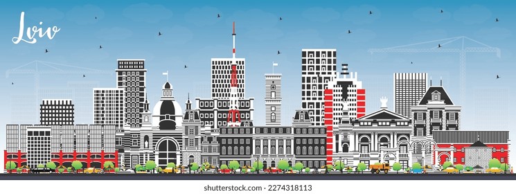 Lviv Ukraine City Skyline with Color Buildings and Blue Sky. Vector Illustration. Lviv Cityscape with Landmarks. Business Travel and Tourism Concept with Historic Architecture.