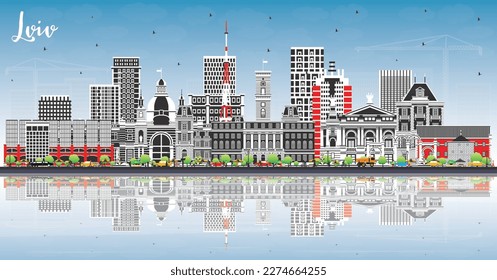 Lviv Ukraine City Skyline with Color Buildings, Blue Sky and Reflections. Vector Illustration. Lviv Cityscape with Landmarks. Business Travel and Tourism Concept with Historic Architecture.