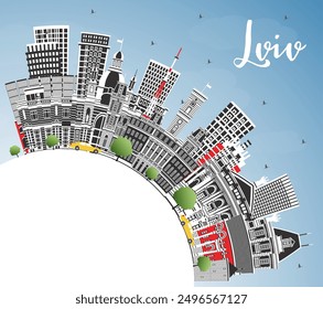 Lviv Ukraine City Skyline with Color Buildings, Blue Sky and Copy Space. Vector Illustration. Lviv Cityscape with Landmarks. Business Travel and Tourism Concept with Historic Architecture.