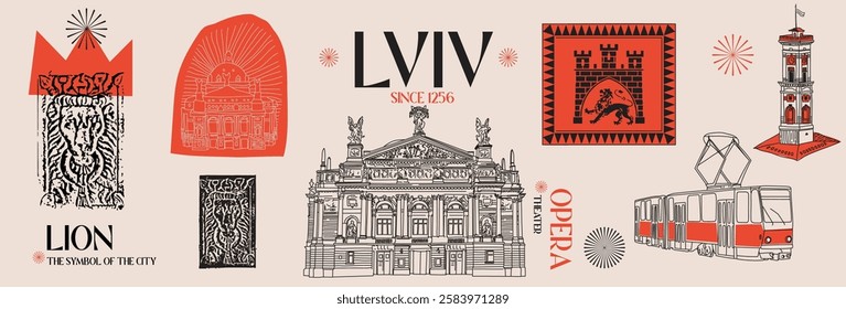 Lviv, Ukraine illustration drawing of famous symbols, landmarks, places, beautiful architecture opera theatre. Hand drawn vector design for posters, books, travel guides, magazines, media