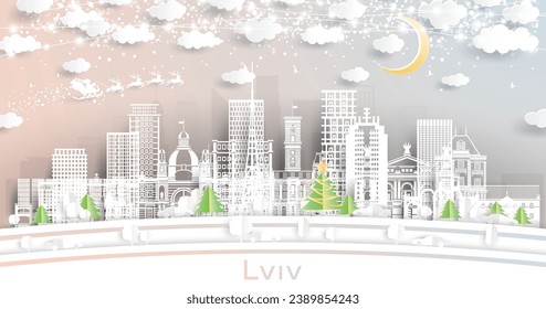 Lviv Ukraine. Winter city skyline in paper cut style with snowflakes, moon and neon garland. Christmas and new year concept. Santa Claus on sleigh. Lviv cityscape with landmarks.