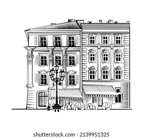 Lvov. Linear vector cityscape with famous landmarks