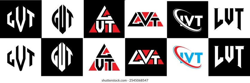 LVT letter logo design in six style. LVT polygon, circle, triangle, hexagon, flat and simple style with black and white color variation letter logo set in one artboard. LVT minimalist and classic logo