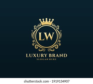 LW Initial Letter Gold calligraphic feminine floral hand drawn heraldic monogram antique vintage style luxury logo design.