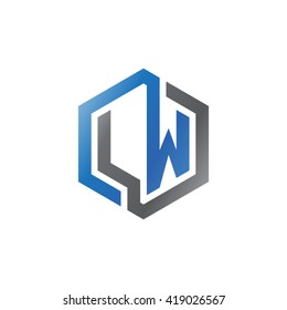 LW initial letters looping linked hexagon logo black gray blue