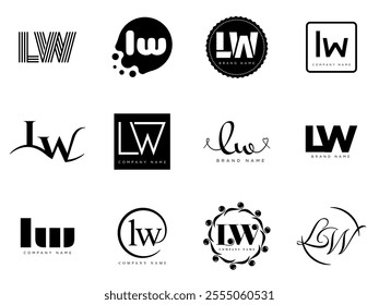 LW logo company template. Letter l and w logotype. Set different classic serif lettering and modern bold text with design elements. Initial font typography. Collection trendy business identity.