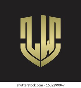 LW Logo monogram with emblem shield shape design isolated gold colors on black background