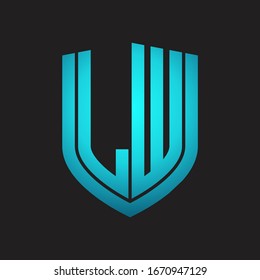 Monograma de logotipo LW con diseño de escudo de emblemas aislado con colores azules sobre fondo negro