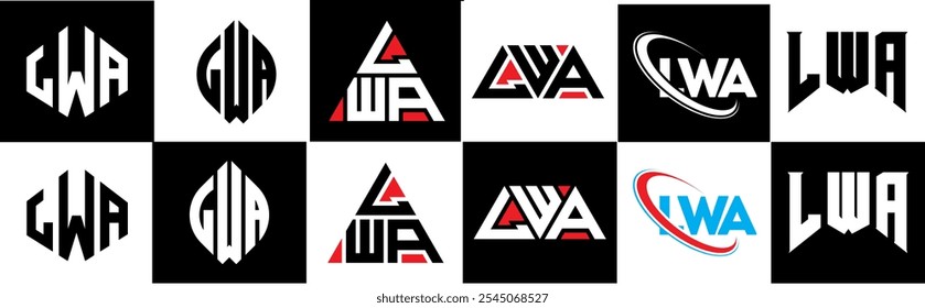 LWA letter logo design in six style. LWA polygon, circle, triangle, hexagon, flat and simple style with black and white color variation letter logo set in one artboard. LWA minimalist and classic logo