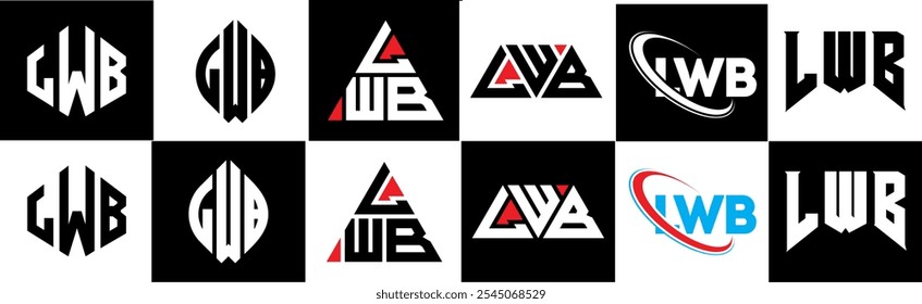 LWB letter logo design in six style. LWB polygon, circle, triangle, hexagon, flat and simple style with black and white color variation letter logo set in one artboard. LWB minimalist and classic logo