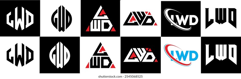 Design de logotipo de letra LWD em seis estilo. Polígono LWD, círculo, triângulo, hexágono, estilo simples e plano com logotipo de letra de variação de cor preto e branco definido em uma prancheta. Logotipo minimalista e clássico do LWD