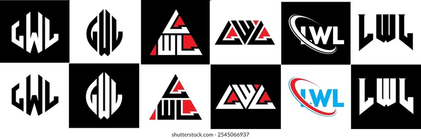 LWL letter logo design in six style. LWL polygon, circle, triangle, hexagon, flat and simple style with black and white color variation letter logo set in one artboard. LWL minimalist and classic logo