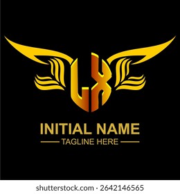 LX Golden Wing Emblem Logo with elegant gold wings, sleek and modern design. Ideal for branding, creative projects, luxury businesses, or artistic ventures.