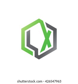 LX initial letters looping linked hexagon logo black gray green