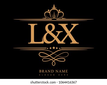 L&X Initial logo, Ampersand initial logo gold with crown and classic pattern