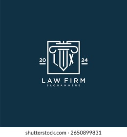 Logotipo do monograma inicial de LX para escritório de advocacia com design de pilares em quadrado criativo