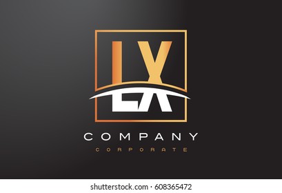 LX L X Golden Letter Logo Design with Swoosh and Rectangle Square Box Vector Design.