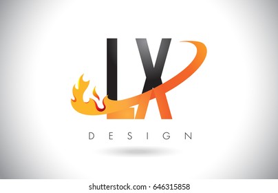 LX L X Letter Logo Design with Fire Flames and Orange Swoosh Vector Illustration.