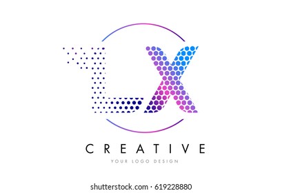 LX L X Pink Magenta Dotted Bubble Letter Logo Design. Dots Lettering Vector Illustration