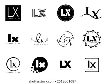 LX logo company template. Letter l and x logotype. Set different classic serif lettering and modern bold text with design elements. Initial font typography. Collection trendy business identity.