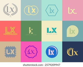 LX logo company template. Letter l and x logotype. Set different classic serif lettering and modern bold text with design elements. Initial font typography. Collection trendy business identity.