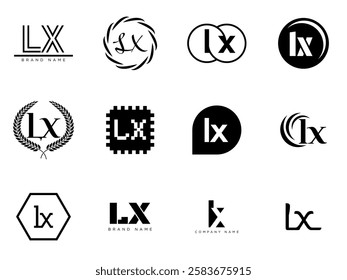 LX logo company template. Letter l and x logotype. Set different classic serif lettering and modern bold text with design elements. Initial font typography. Collection trendy business identity.