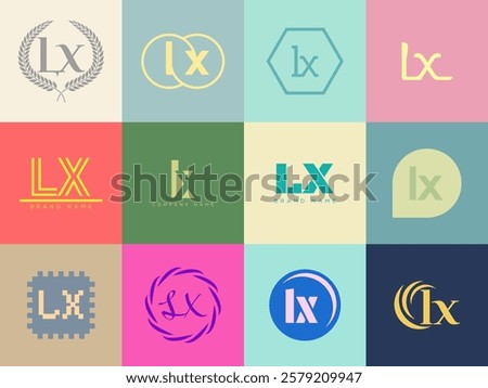 LX logo company template. Letter l and x logotype. Set different classic serif lettering and modern bold text with design elements. Initial font typography. Collection trendy business identity.