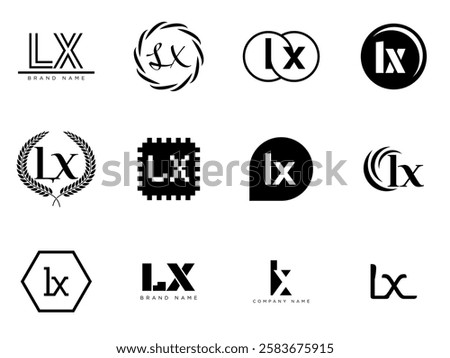 LX logo company template. Letter l and x logotype. Set different classic serif lettering and modern bold text with design elements. Initial font typography. Collection trendy business identity.