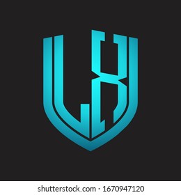 LX Logo monogram with emblem shield design isolated with blue colors on black background