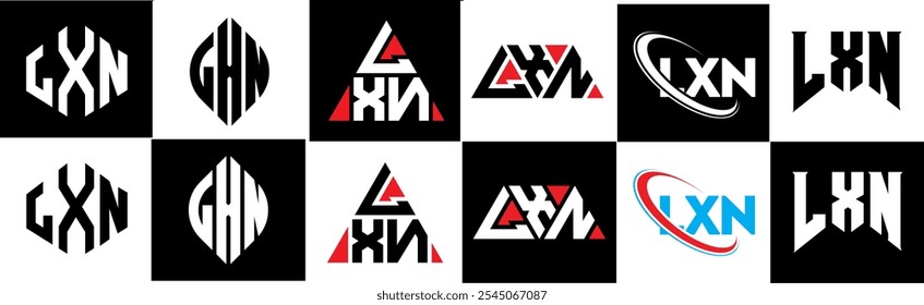 LXN letter logo design in six style. LXN polygon, circle, triangle, hexagon, flat and simple style with black and white color variation letter logo set in one artboard. LXN minimalist and classic logo