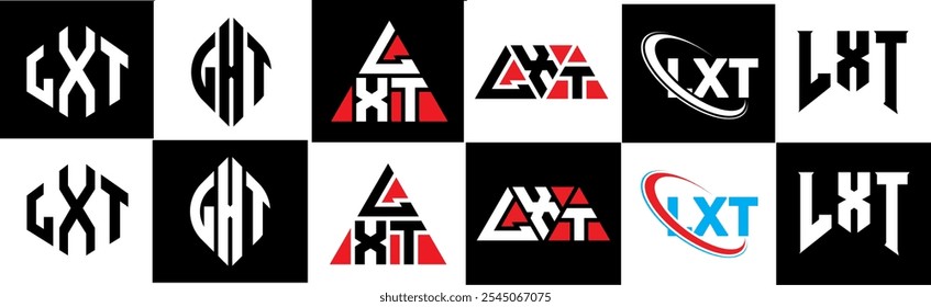 LXT letter logo design in six style. LXT polygon, circle, triangle, hexagon, flat and simple style with black and white color variation letter logo set in one artboard. LXT minimalist and classic logo