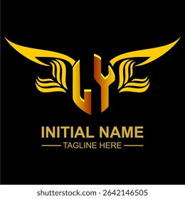 LY Golden Wing Emblem Logo with elegant gold wings, sleek and modern design. Ideal for branding, creative projects, luxury businesses, or artistic ventures.