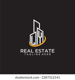 LY initial monogram logo for real estate with building style