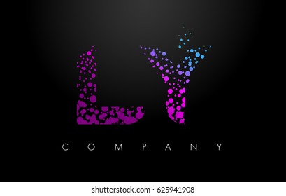 LY L Y Letter Logo with Purple Blue Particles and Bubble Dots Design Vector.